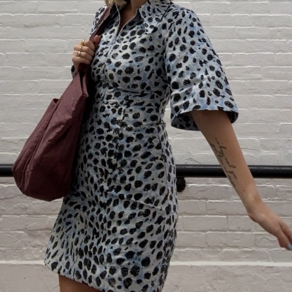 GANNI Crispy Jacquard Long Collar Mini Dress in Egret Blue - Picture 2 of 4